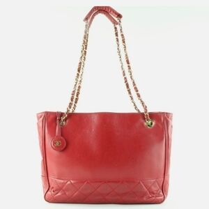 CHANEL Vintage Red Quilted Leather Tote with Gold Chain Straps